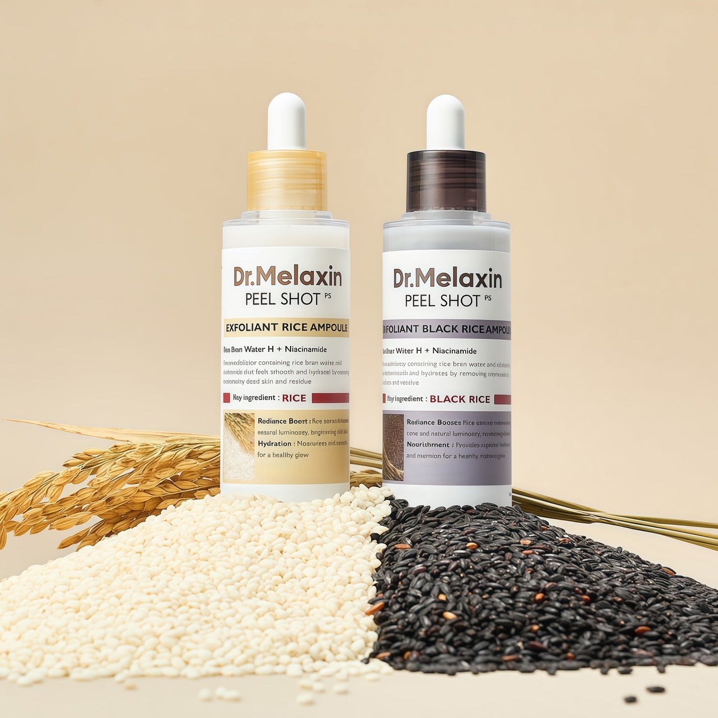 Dr.Melaxin Peel Shot Glow Rice Ampoule Duo (White + Black) & Kojic Acid Spray Set – Exfoliating & Brightening Skincare Kit for Smooth Texture, Dark Spot Care & Radiant Skin