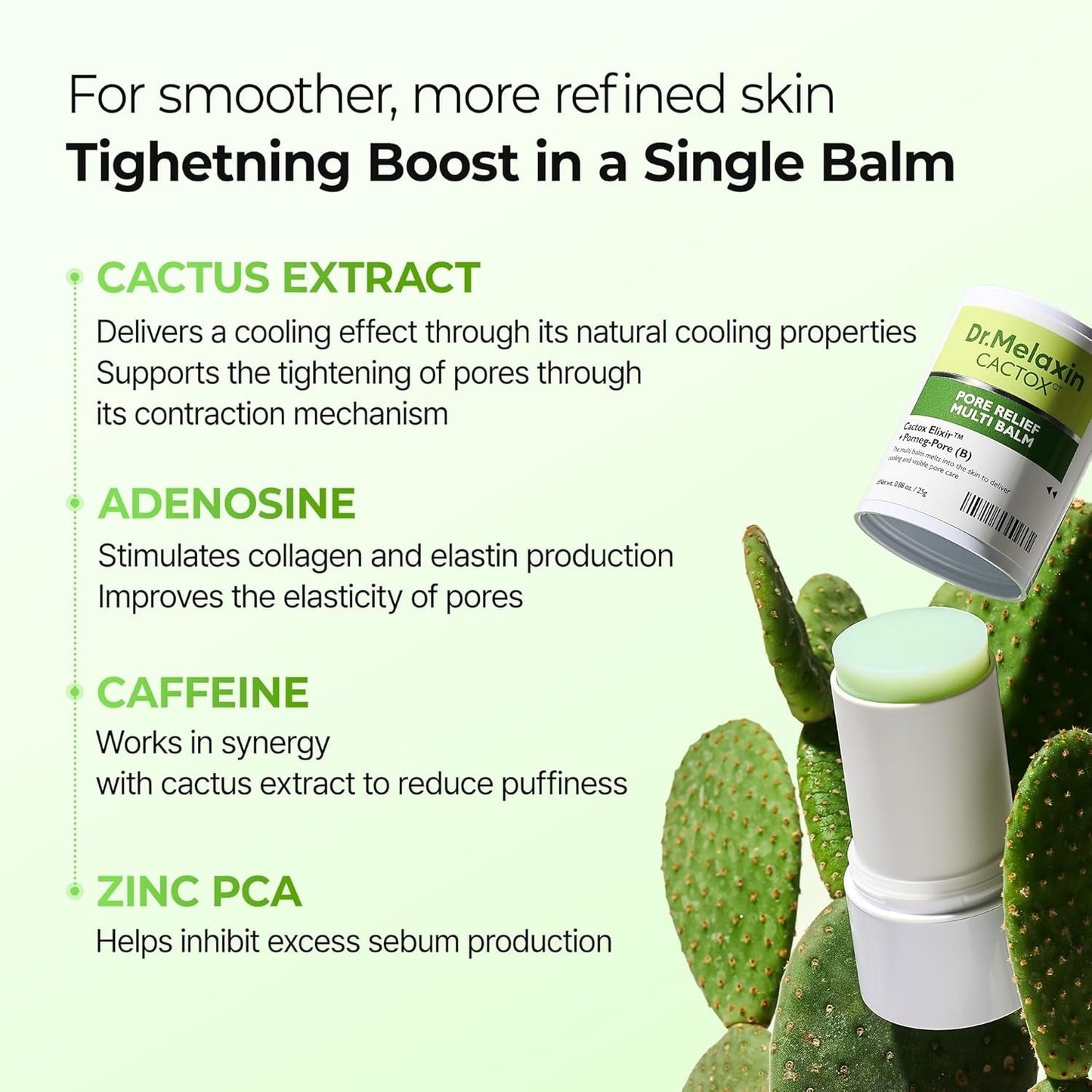 Dr.Melaxin Cactox Pore Relief Multi Balm Stick – Zinc PCA & ADENOSINE Cooling & De-Puffing Face Balm for Enlarged Pores & Puffy Skin, Pore Minimizing with Cactus Extract, Korean Skincare, 0.88 oz
