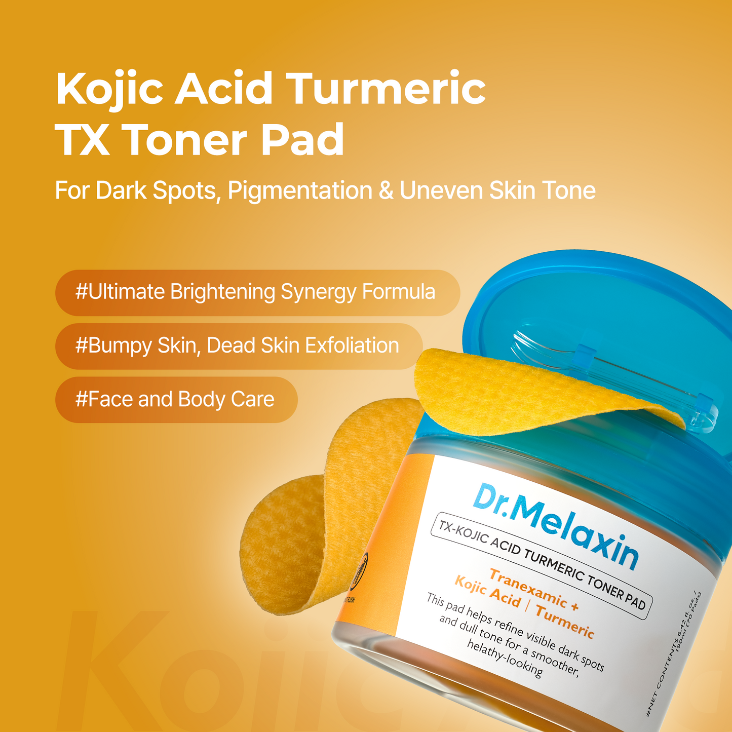 Dr.Melaxin TX Kojic Acid Turmeric Toner Pads with Tranexamic Acid, Brightening Toner Pad for Pigmentation & Dark Spot Care, Gentle Keratin Care for Radiant Skin, Korean Skincare, 70 Sheets