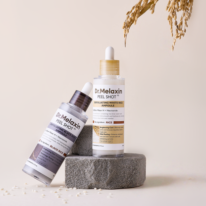 Dr.Melaxin Peel Shot Glow Rice Ampoule Duo (White + Black) & Kojic Acid Spray Set – Exfoliating & Brightening Skincare Kit for Smooth Texture, Dark Spot Care & Radiant Skin