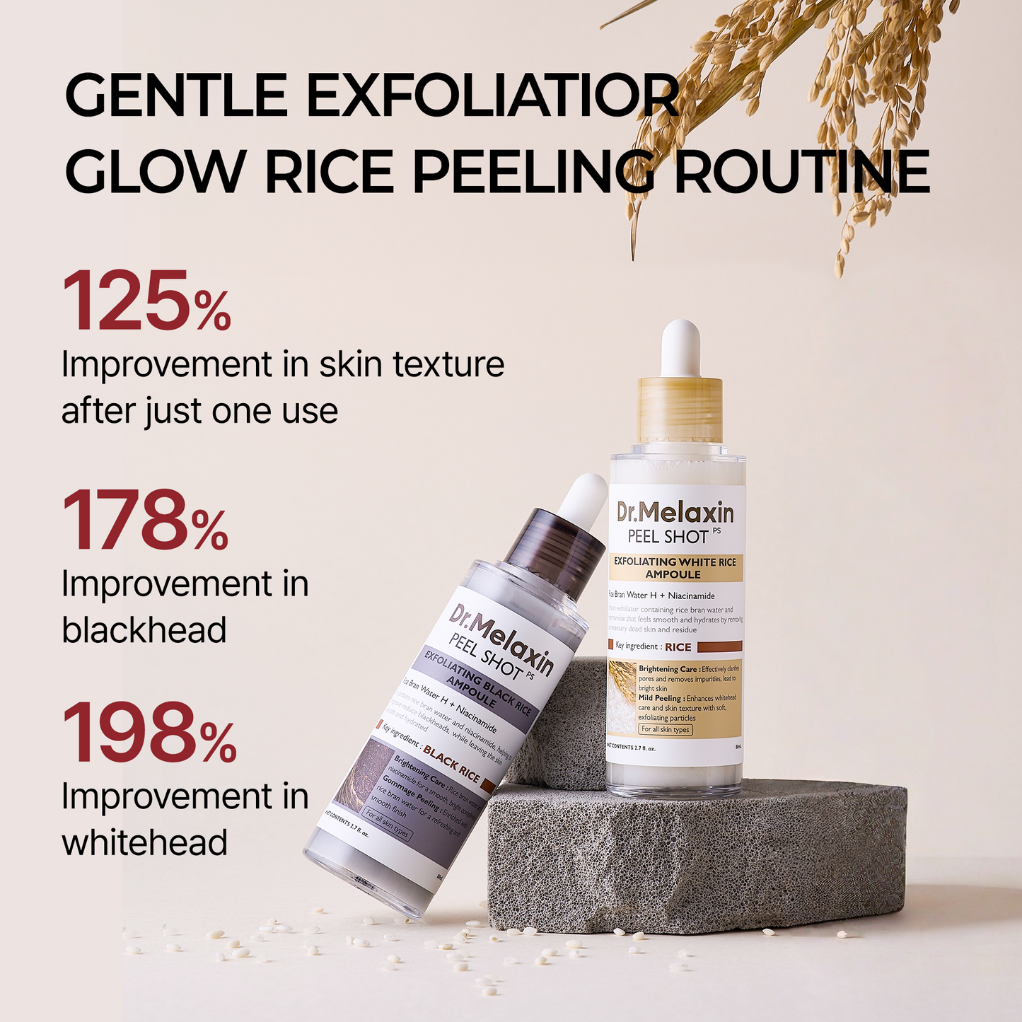 Dr.Melaxin Peel Shot Glow Rice Ampoule Duo (White + Black) & Kojic Acid Spray Set – Exfoliating & Brightening Skincare Kit for Smooth Texture, Dark Spot Care & Radiant Skin
